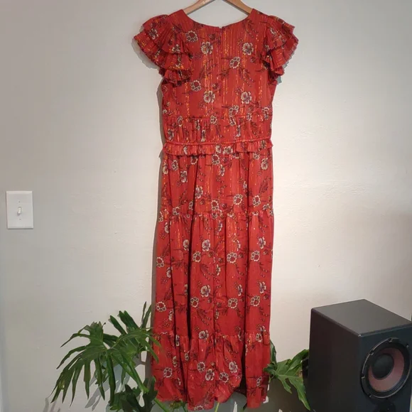 Ann Taylor Maxi Orange Gold Floral pleated dress - Picture 4 of 7